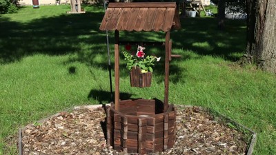Brown Fir Wood Wishing Well Garden Planter with Hanging Bucket