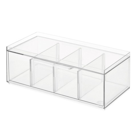 iDESIGN Crisp Plastic Stackable Tea Packet Storage Organizer Drawer with Lid Clear: Kitchen Cabinet Organizer, 13" x 5" x 6"