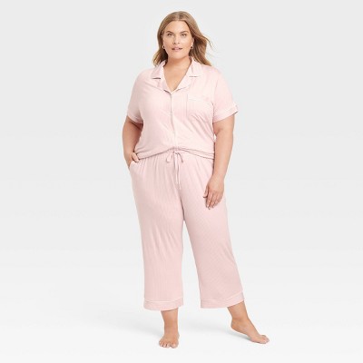 Women's Cloud Knit Short Sleeve Notch Collar Top and Cropped Pants Pajama Set - Auden™ Pink/Striped 1X