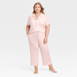 Women's Cloud Knit Short Sleeve Notch Collar Top and Cropped Pants Pajama Set - Auden™ - 1 of 3