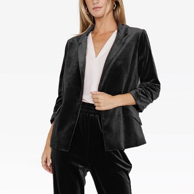 Womens Velvet Suit Blazer 3/4 Sleeve Lapel Neck Open Front Velvet Blazer with Flap Pockets Holiday Outfits Tailored Jacket for Work