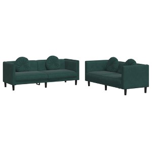 vidaXL Dark Green Velvet Sofa Set - Modern 2 & 3-Seater Couch with Thick Padding & Round Pillows - Ideal for Living Rooms, Lounges, or Offices - 1 of 4