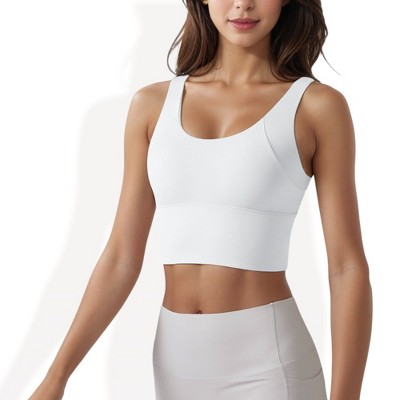 Anna-Kaci Women's Longline Sports Bra with Wide Straps and Scoop Neck- Large, White