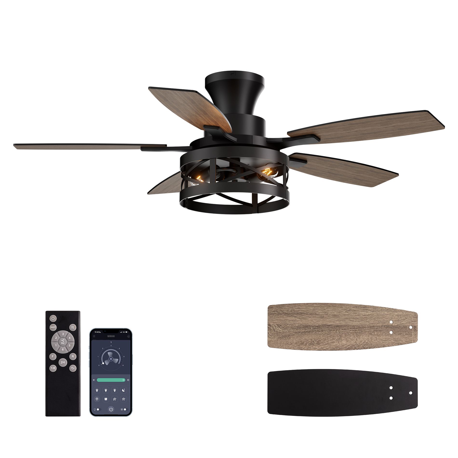 Siljoy 42 Inch Farmhouse Flush Mount Ceiling Fan with Light and Dual Blades for Patio Bedroom Living room---Remote Included and 5 Blades