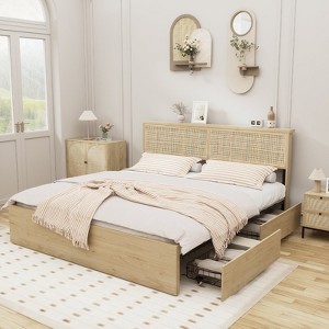 Brafabhome Queen Size Rattan Bed Frames with Headboard, Sturdy Wood Platform Bed Frames with 4 Storage Drawers for Bedroom | Beige - 1 of 4