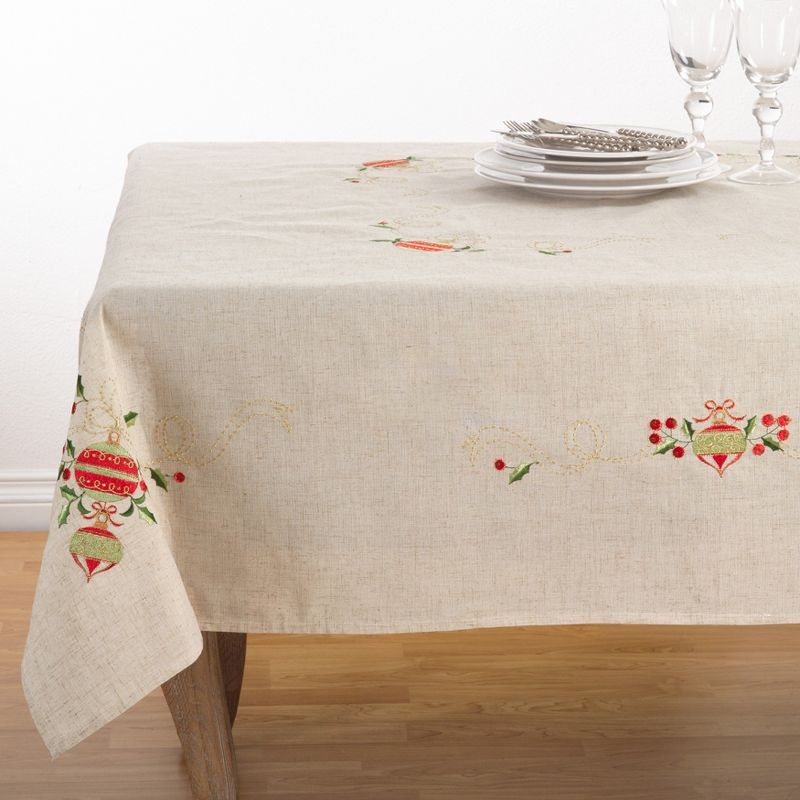 Saro Lifestyle Embroidered Ornament Holly Design Holiday Linen Blend Tablecloth, 1 of 6