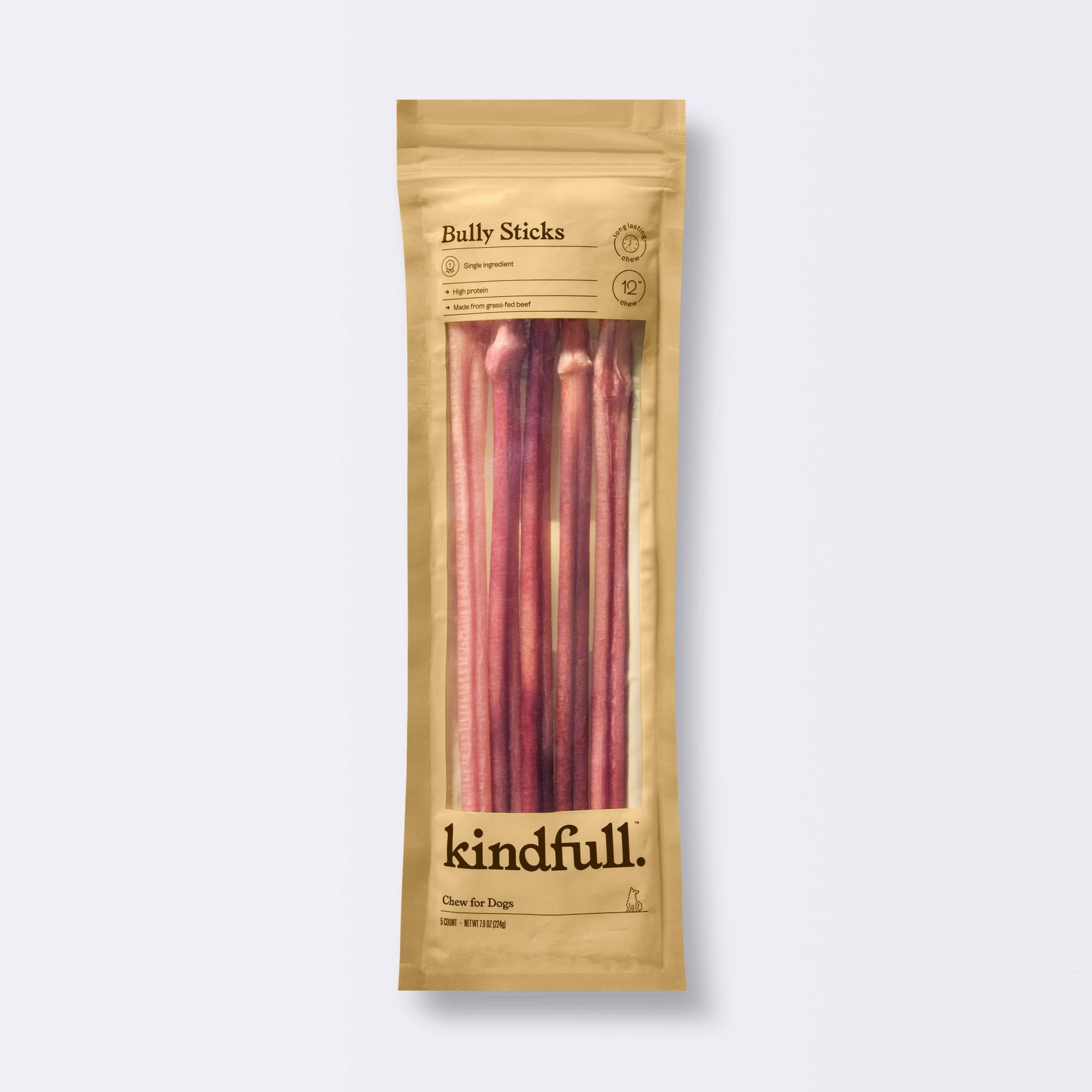 12" Made From Grass-Fed Beef Bully Sticks Dog Treats - Kindfull™ 7.9oz/5ct