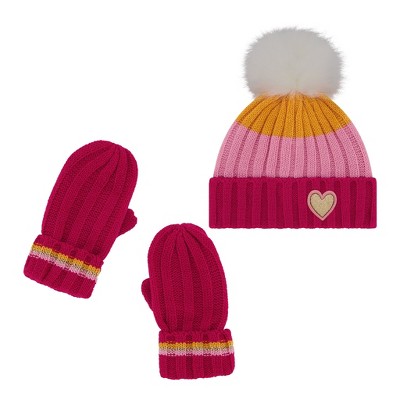 Andy & Evan Toddler Girls Hat & Mitten Set - Pink Heart Patch