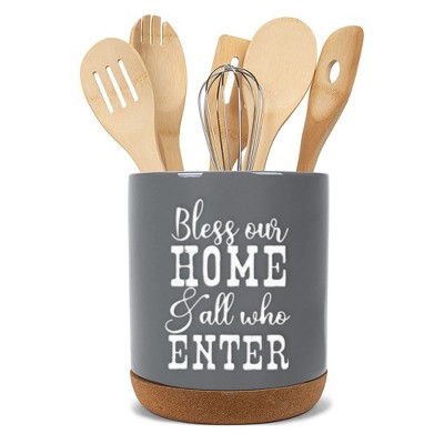 Elanze Designs Bless Home Enter Grey X-Large Cork Bottom Kitchen Utensil Holder