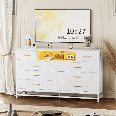 CuisinSmart 8 Drawer Dresser for Bedroom, 55 Inch TV Stand Dressers with Power Outlet, Modern Dresser Large Deep Drawers Dresser, Gold Handles