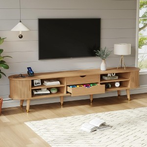 Polibi Mid-Century Modern Wooden Oval Fluted TV Stand with Charging Station - 1 of 4