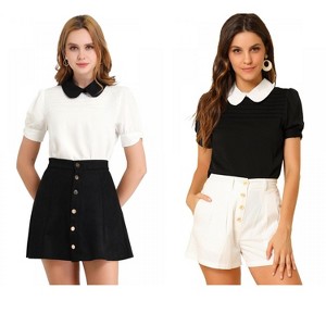 Allegra K Women's Vintage Peter Pan Collar Contrast Puff Short Sleeve Blouse 2 Packs - 1 of 4