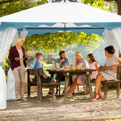 White and Blue 10' x 10' Patio Gazebo Canopy Tent with Curtains