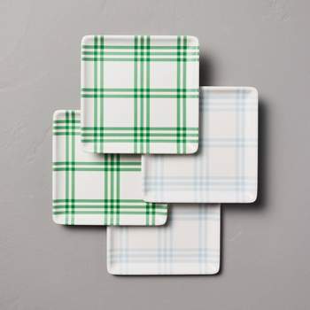 4pk Tri-Stripe Plaid Square Melamine Appetizer Plates Cream/Light Blue/Green - Hearth & Hand™ with Magnolia
