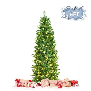 Tangkula 6ft Pre-lit Christmas Slim Pencil Tree Hinged Christmas Tree W ...