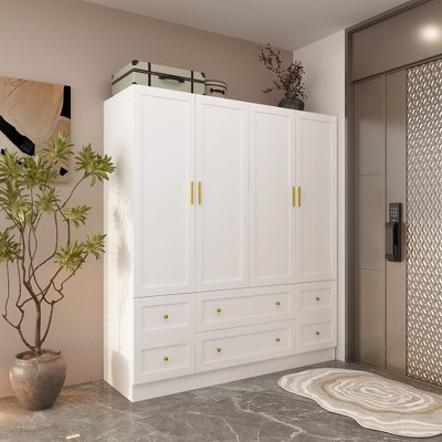 FUFU&GAGA White Armoires 4 Door 6 Drawer Wardrobe Cloth Organiser Multifunctional Storage Cabinet