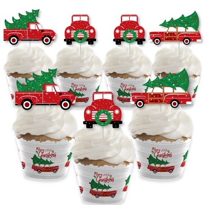 Big Dot of Happiness Merry Little Christmas Tree - Cupcake Decor - Red Truck and Car Christmas Party Cupcake Wrappers and Treat Picks Kit - Set of 24