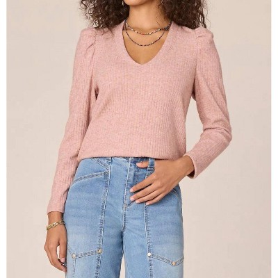 Women's Long Puff Shoulder Sleeve V-Neck Surplus Shirttail Hem Knit Top - Democracy