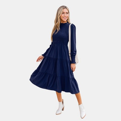 Women's Navy Smocked Bodice Tiered Midi Dress - Cupshe