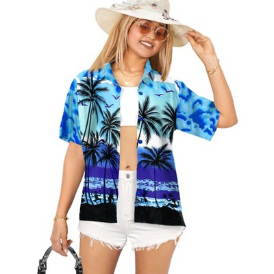 LA LEELA Hawaiian Shirts Womens Casual Summer Button Down Party Short Sleeve Tropical Vacation Blouse Shirt Collared Blouses Dress Shirts