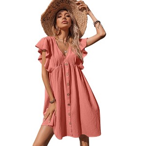 Women's Ruffle Babydoll Dress Short Sleeve V Neck High Waist Botton Casual Loose Flowy Swing Pleated Tunic Dress - 1 of 4