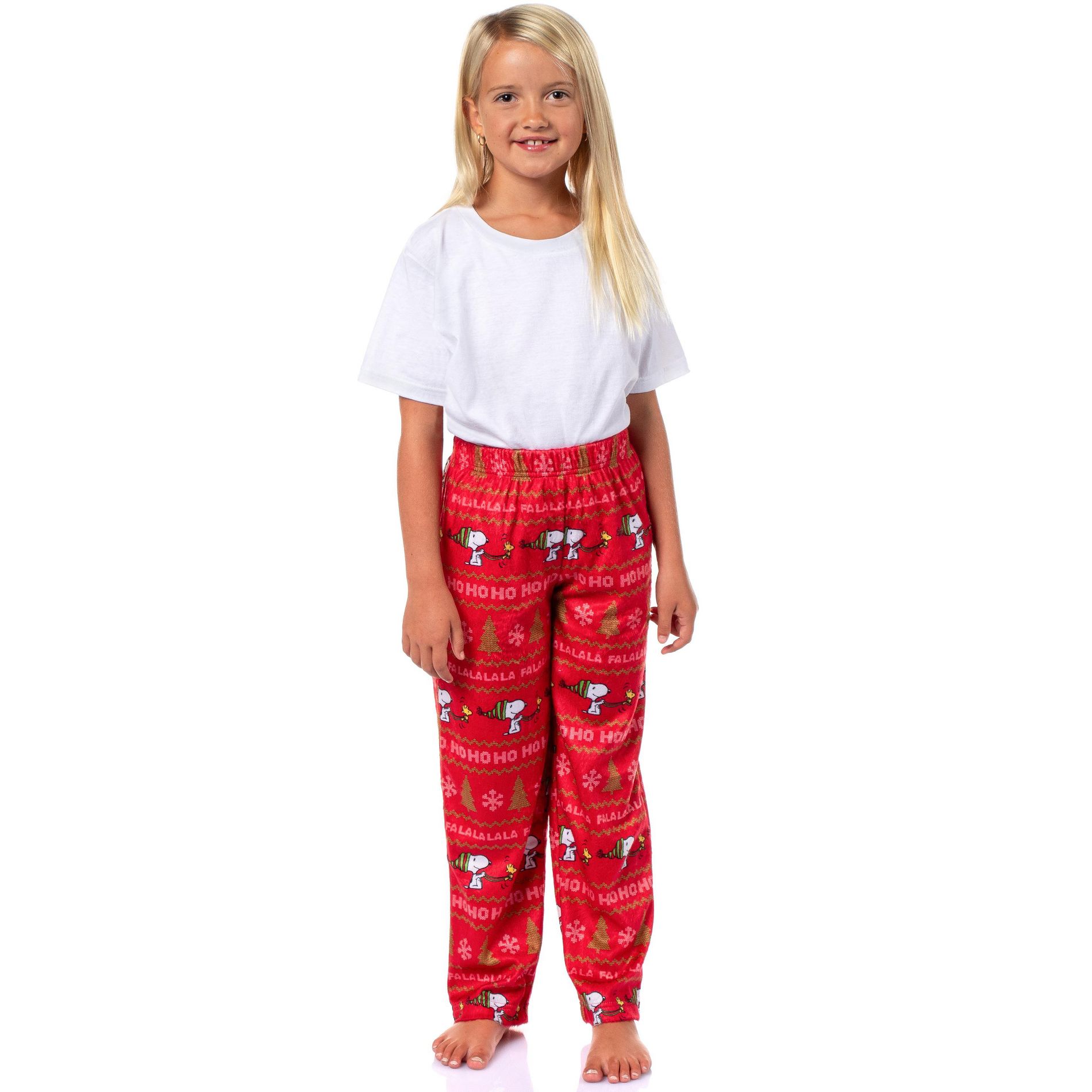 Intimo Peanuts Snoopy Girl's Christmas Sweater Sleep Tossed Print Pajama Pants (10/12) Red