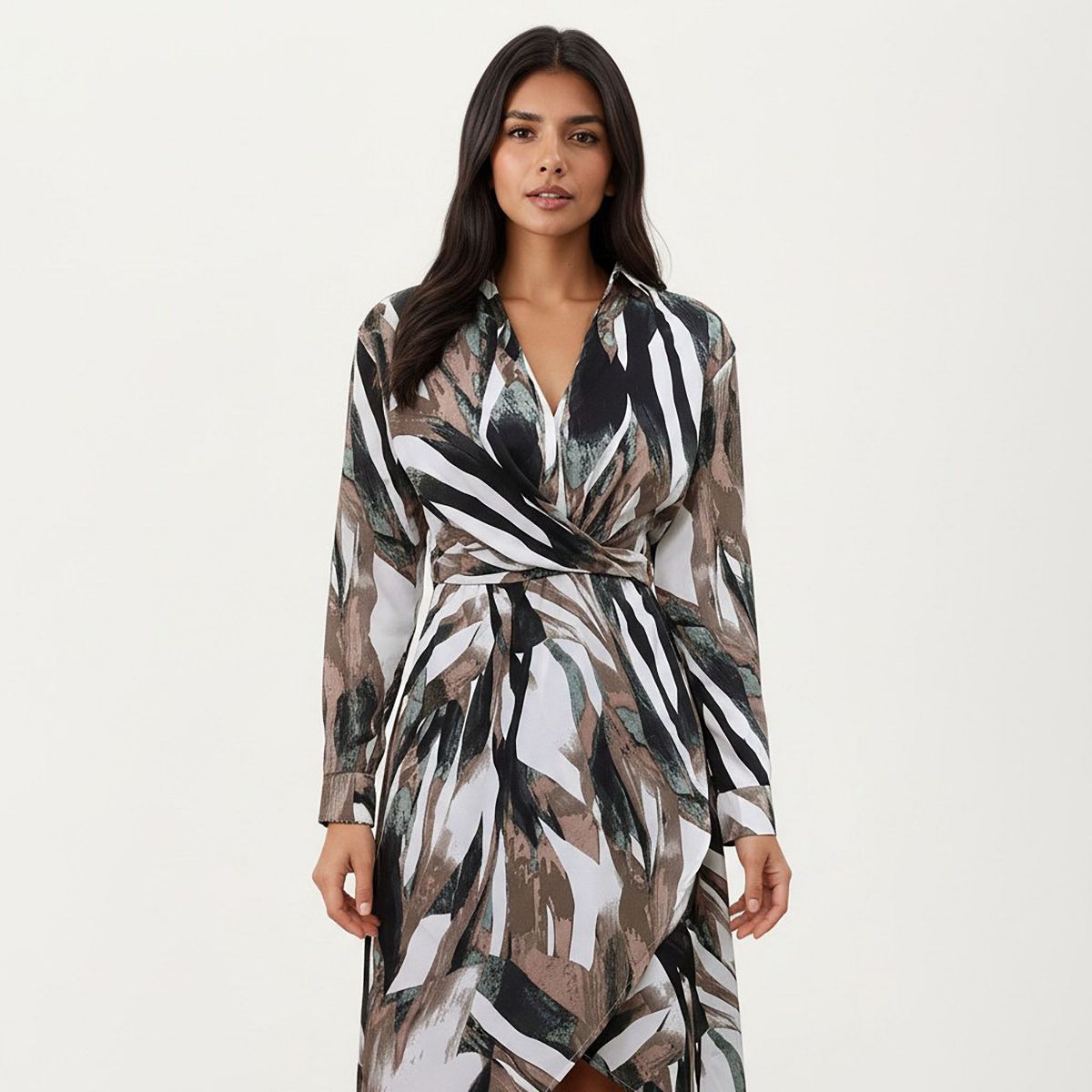 Anna-Kaci Women's Abstract Print Long Sleeve Wrap Dress with Belt and Asymmetrical Hem for a Flattering Fit - thumbnail 2