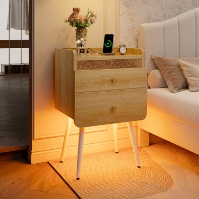 Pinmoco LED Nightstand with Two Drawers, End Table Bedside Table with Charging Station for Bedroom