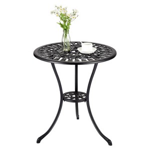 Round Cast Aluminum Outdoor Side Table, Vintage Floral Patio Coffee Table with Umbrella Hole for Garden, Balcony, Poolside, Black - 1 of 4