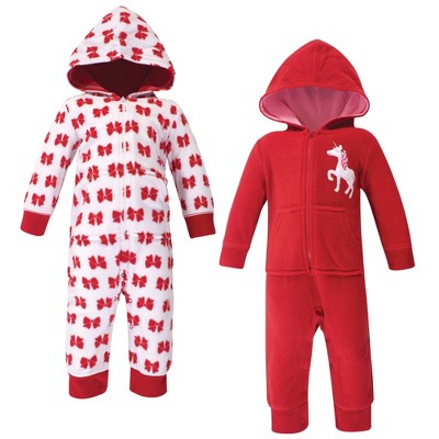 Image of Hudson Baby Infant Girl Fleece Jumpsuits, Coveralls, and Playsuits 2pk, Christmas Unicorn, 6-9 Months