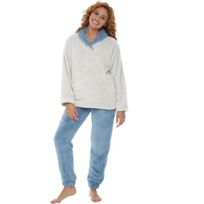 ADR Women's Ribbed Knit Pajamas Set Set with Pockets, Drop Shoulder  Sleepshirt and Pajama Thermal Underwear Pants Blue X Large