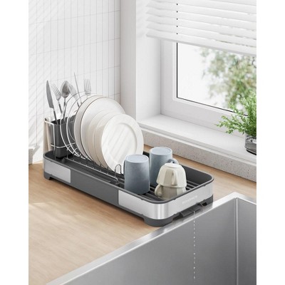 Compact Silver and Black Foldable Metal Dish Drying Rack with Utensil Cup