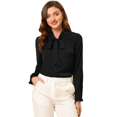 Women Front Frilly Bow Tie Ruffle Solid Chiffon Blouse Long Sleeve Shirt  Tops