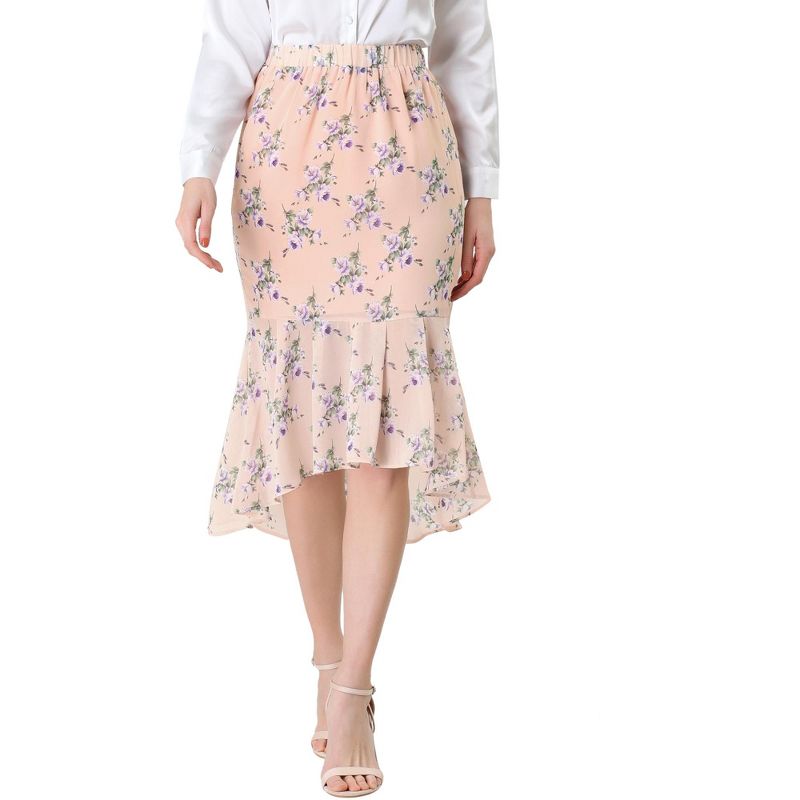 Allegra K Women's Floral High-Low Elastic Waist Ruffle Hem Flowy Midi Chiffon Skirt, 1 of 7