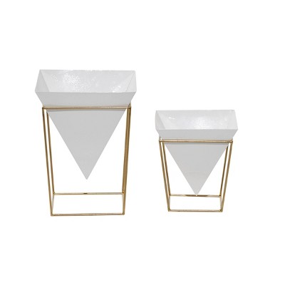 Set of 2 Geometric Planters with Metal Base White/Gold - CosmoLiving by Cosmopolitan