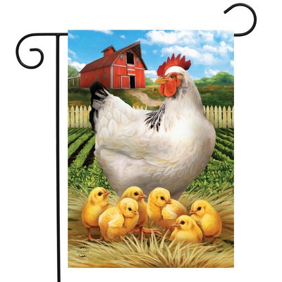 Farm Chickens Summer Garden Flag with Red Barn Scene