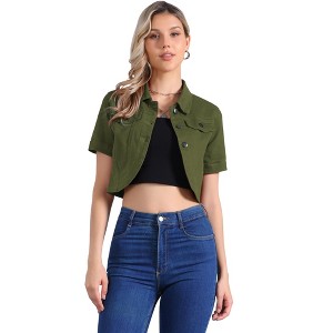 Allegra K Women's Turndown Collar Short Sleeves Crop Casual Jean Jacket - 1 of 4