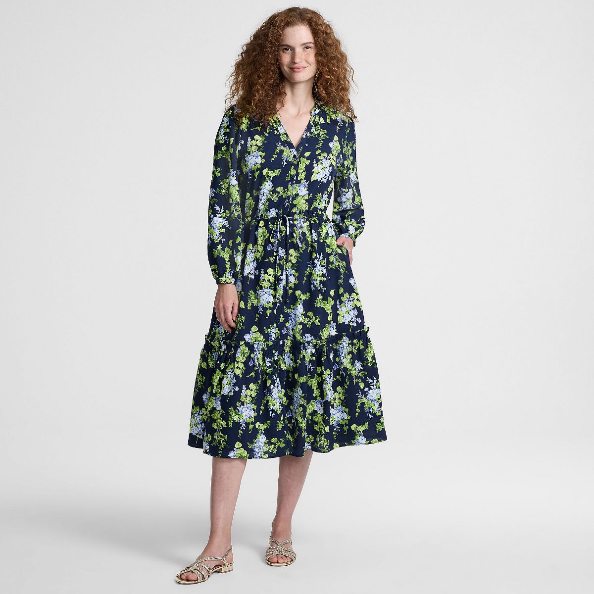 Lands' End Women's Bracelet Button Front Midi Dress