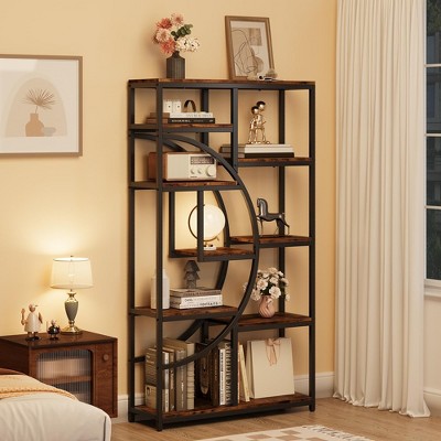 Tall Industrial Bookshelf, Wood Open Display Shelf, Moon Design Bookshelf with 9 Tiers