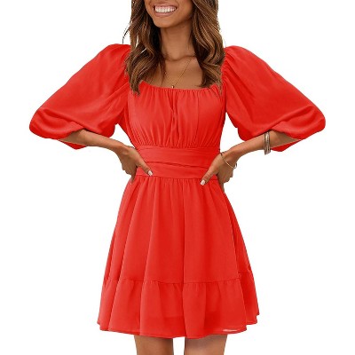 EXLURA Women's Lantern Sleeve Tie Back Summer Dress Ruffled Off Shoulder A-Line Vintage Mini Dress
