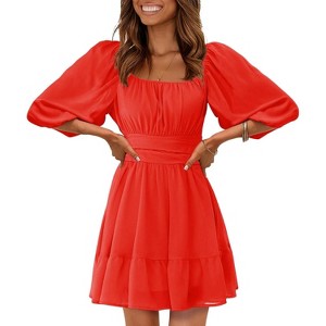 EXLURA Women's Lantern Sleeve Tie Back Summer Dress Ruffled Off Shoulder A-Line Vintage Mini Dress - 1 of 4