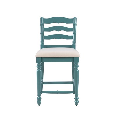 Antique Blue 24" Wood and Metal Counter Stool with Upholstered Seat