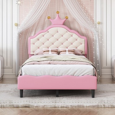 Upholstered Princess Bed with Crown Tufted Headboard, PU Leather Platform Bed with Sturdy Frame for Kids Bedroom-Baofuwish