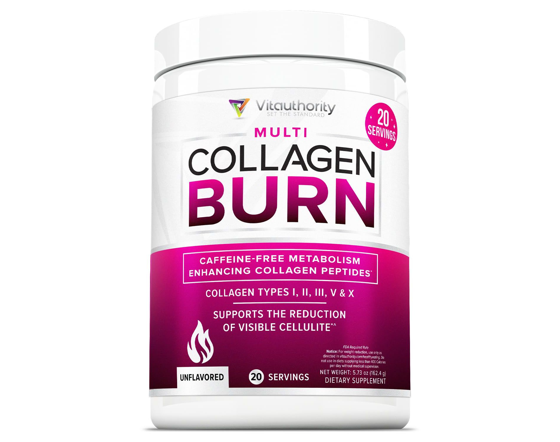 Multi Collagen Burn Powder, Hydrolyzed Collagen Peptides Powder with Types I II III V X for Weight Loss Support, Vitauthority, Unflavored 20 Servings