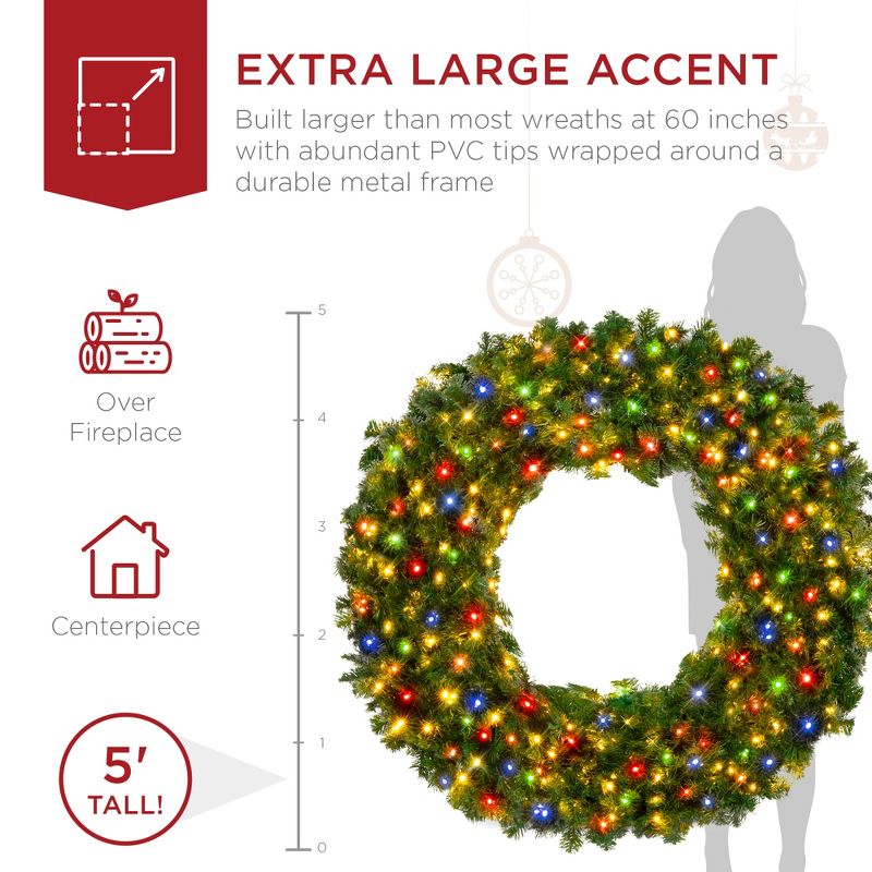 Best Choice Products Artificial Pre-Lit Fir Christmas Wreath Decoration w/ Multicolor Lights, Tips, 3 of 8
