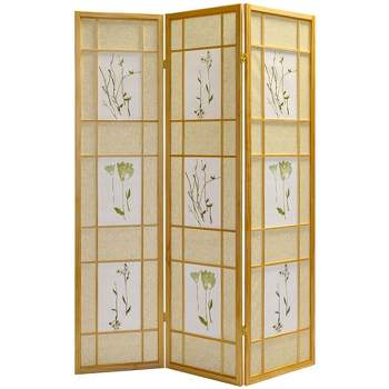 Legacy Decor Floral Accented Screen Room Divider with Wood Frame and Shoji Paper