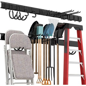 Wall-Mounted Garage Tool Rack - Heavy Duty Organizer Hooks & Rails for Shovels, Brooms, Ski Gear - 1 of 4