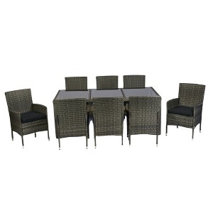 Gulches 9-Piece Outdoor Wicker Dining Set Grey Rattan with Tempered Glass Table Top & Black Cushions, Rust-Free Steel Frame, Ergonomic Patio Furniture - 1 of 4