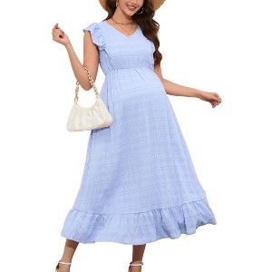 Coolmee Women Summer Maternity Maxi Dress Casual V Neck Ruffle Sleeve Tiered A Line Flowy Long Sundress with Pockets - 1 of 4