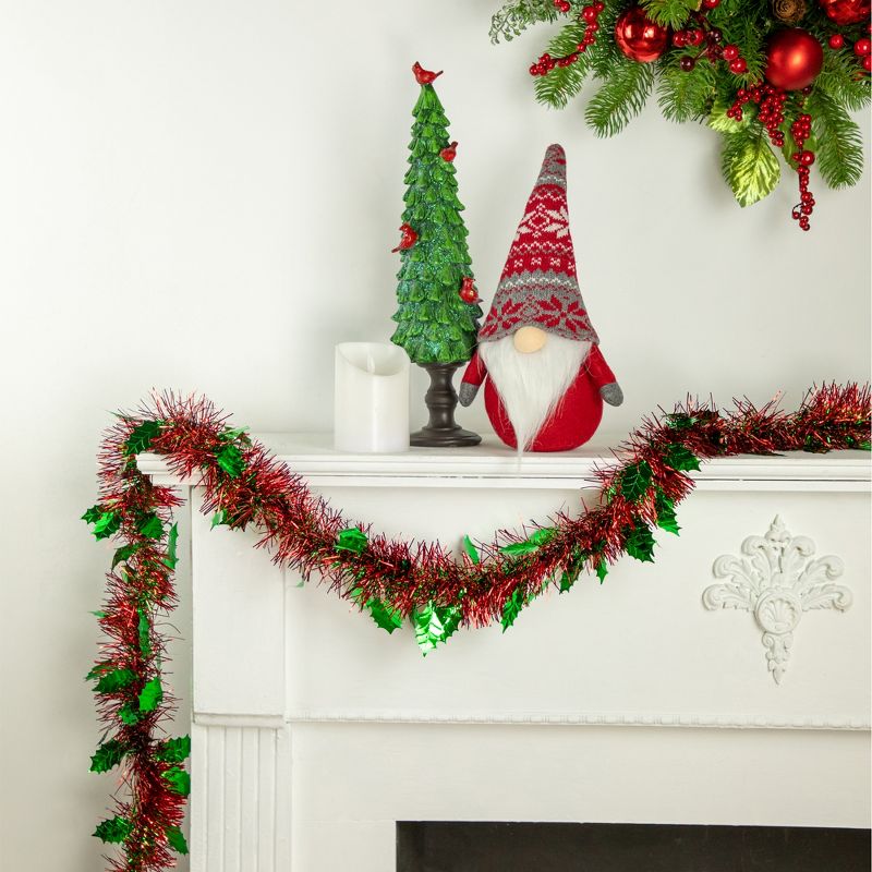Northlight 12' x 4" Unlit Shiny Red Tinsel with Green Holly Leaves Christmas Garland, 2 of 6